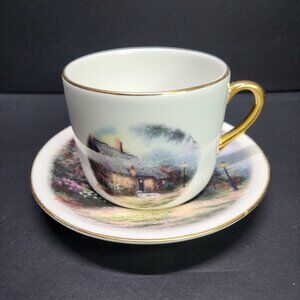 Thomas Kinkade Coffee Tea Cup Saucer Moonlight Cottage Painted Gold Trim SET